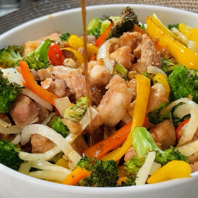 Wokless sesame garlic chicken and broccoli from the air fryer